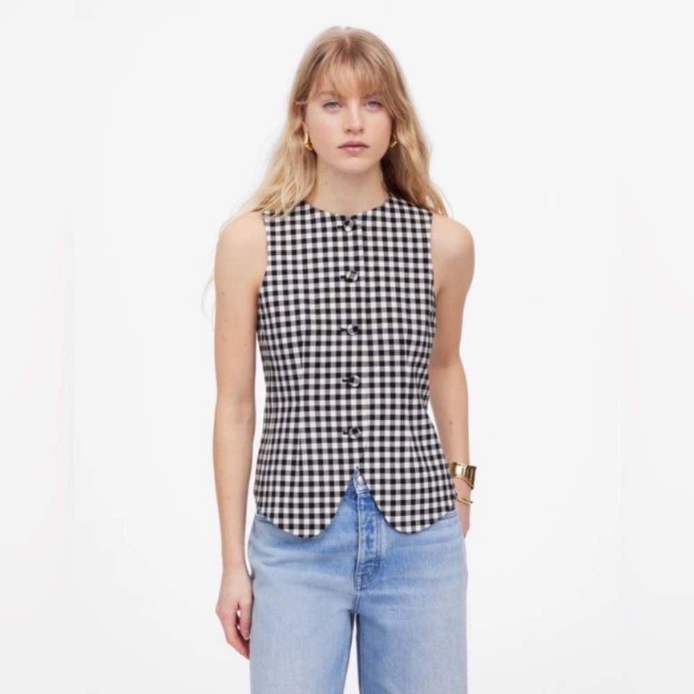 NWT Madewell Single-Breasted Crewneck Vest Gingham black/White viscose/wool Sz 2